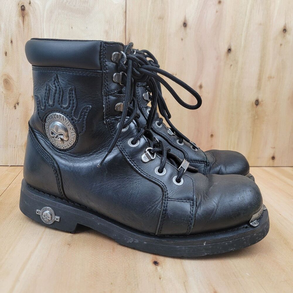 Harley Davidson Boots Mens 9.5 Flames Skulls Black Leather Moto Biker Riding